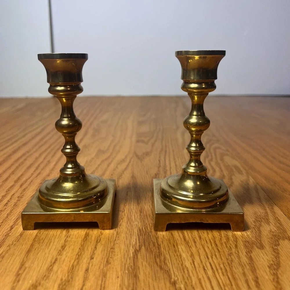 VTG Solid Brass Candlestick Holders Pair Mid Century Traditional Mantel Decor